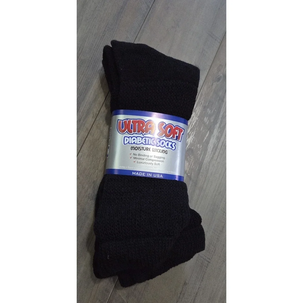 Ultra Soft Diabetic Black Moisture Wicking Socks Shoe Sz 11-14 (2 Pair) USA-NWT